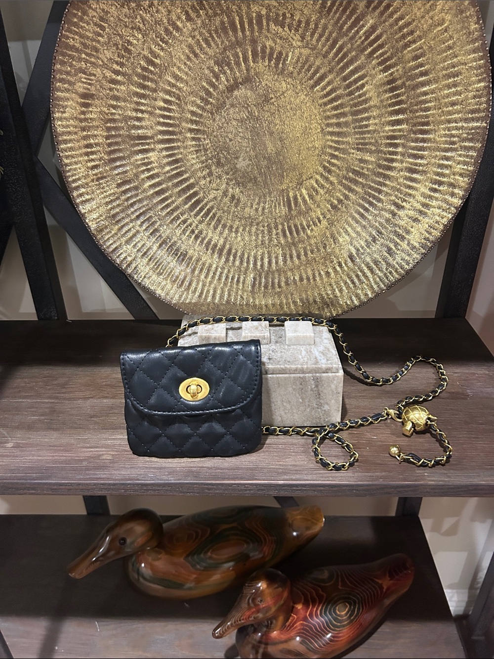 Belt with removable Black Quilted Chain Crossbody Bag with Gold Hardware small